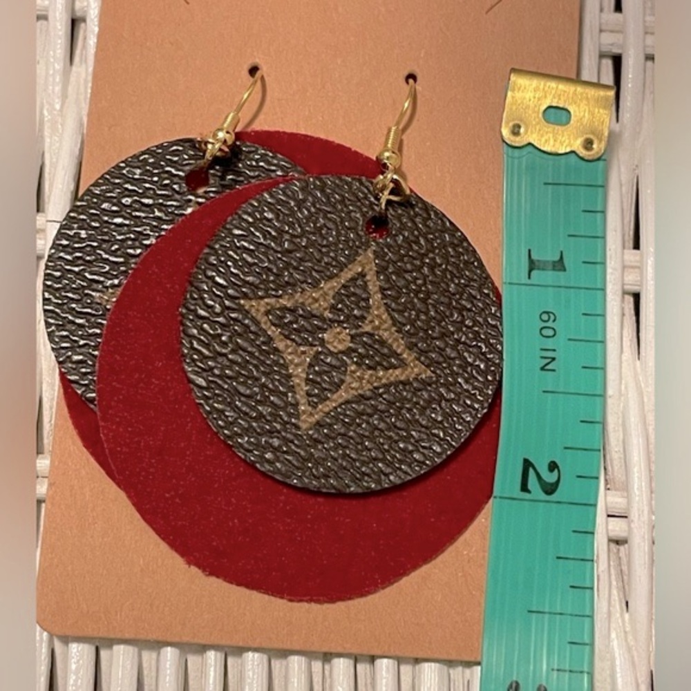 Custom Made Lux Earrings - NWT - hand crafted upcycled from a rehab bag 2” wide - Picture 2 of 4